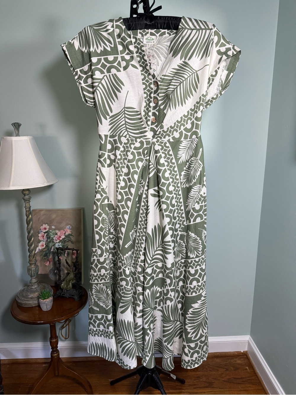 Very J White and Olive Green Tropical Print Maxi Wrap Dress